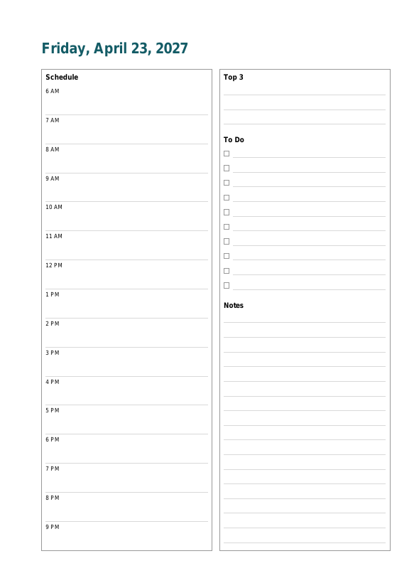 Preview of a free page: 2027 Daily Planner Inserts
