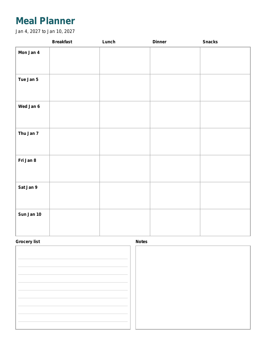 Preview of a free page: 2027 Meal Planner