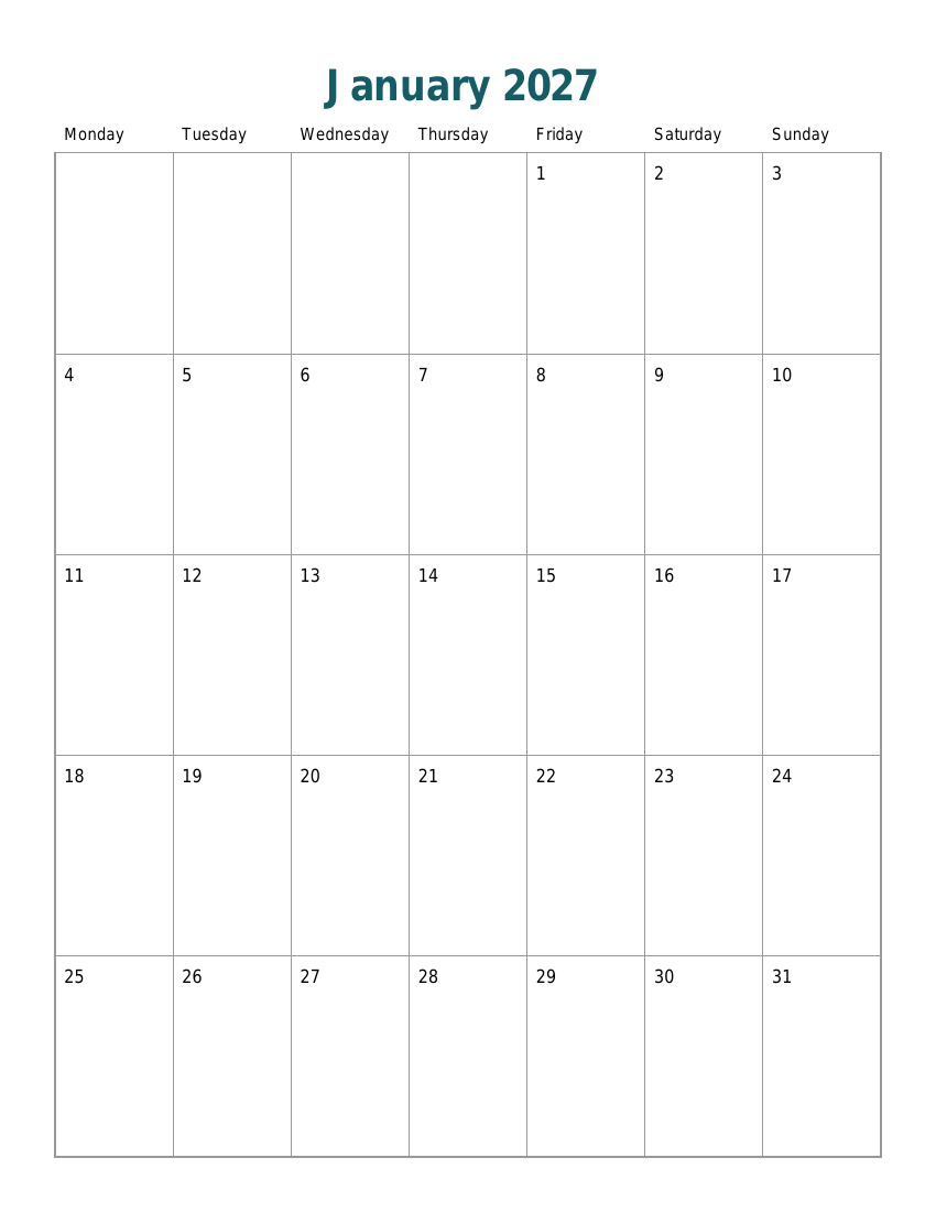 Preview of a free page: 2027 Monthly Planner