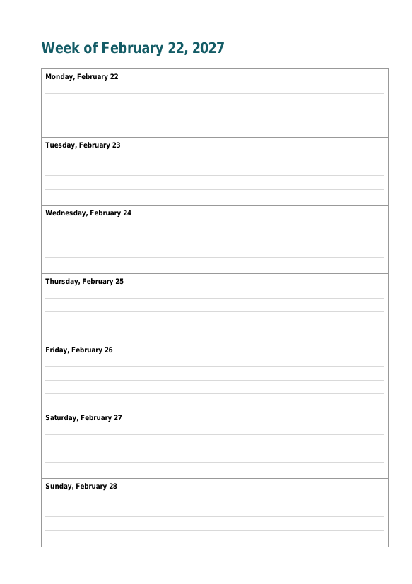Preview of a free page: 2027 Weekly Planner Inserts