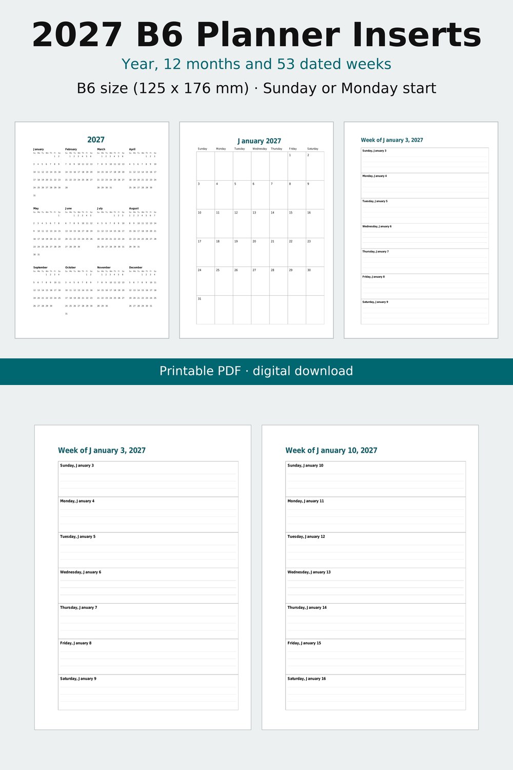 Screenshot 1 of 2027 B6 Planner Inserts Printable, Dated Week per Page, Monthly Pages, Year at a Glance