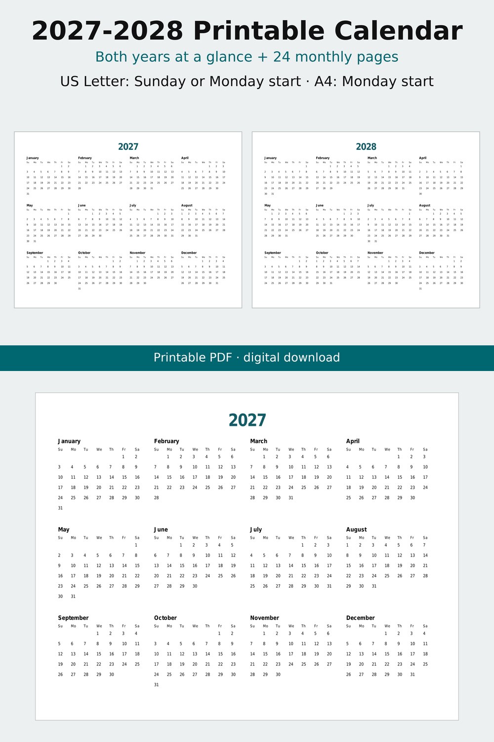 Screenshot 1 of 2027 2028 Printable Calendar, Two Year Calendar, 24 Monthly Pages, Year at a Glance, PDF