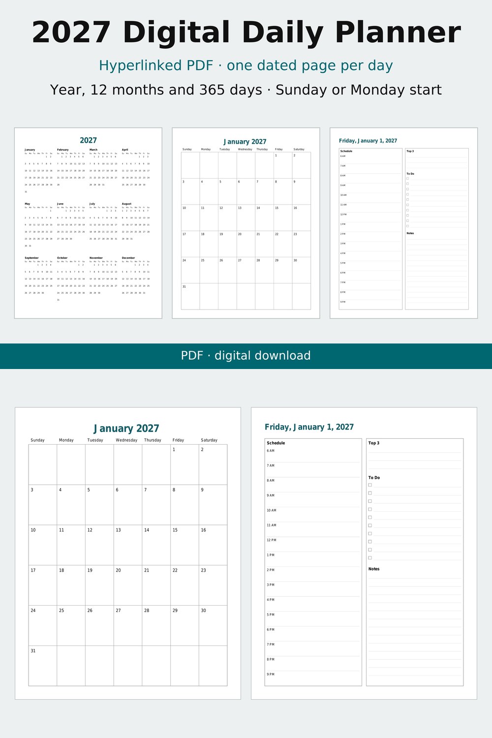 Screenshot 1 of 2027 Digital Daily Planner, Hyperlinked PDF, Dated Page per Day, Sunday or Monday Start