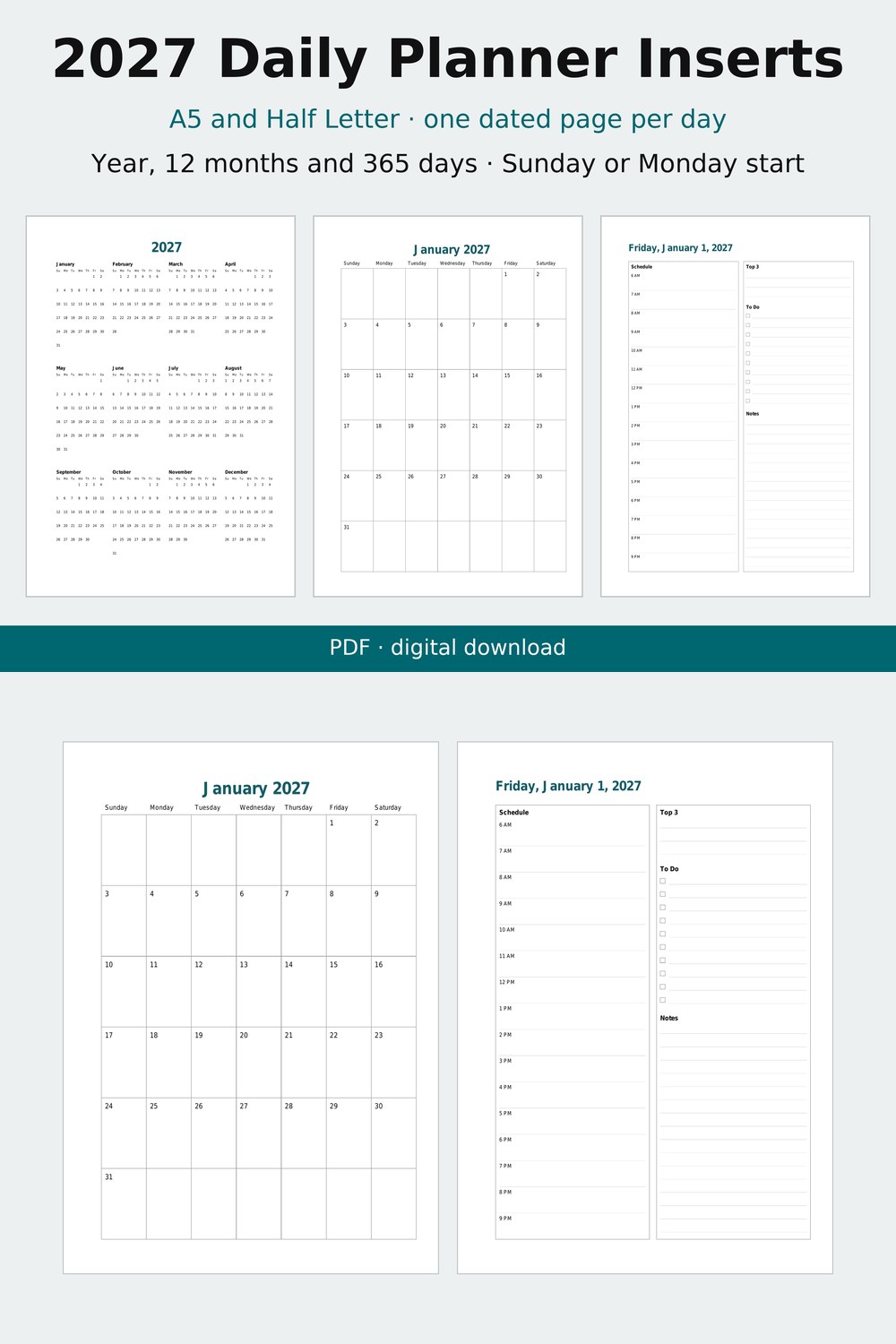 Screenshot 1 of 2027 Daily Planner Inserts Printable, A5 and Half Letter, Dated Page per Day, Monthly Pages
