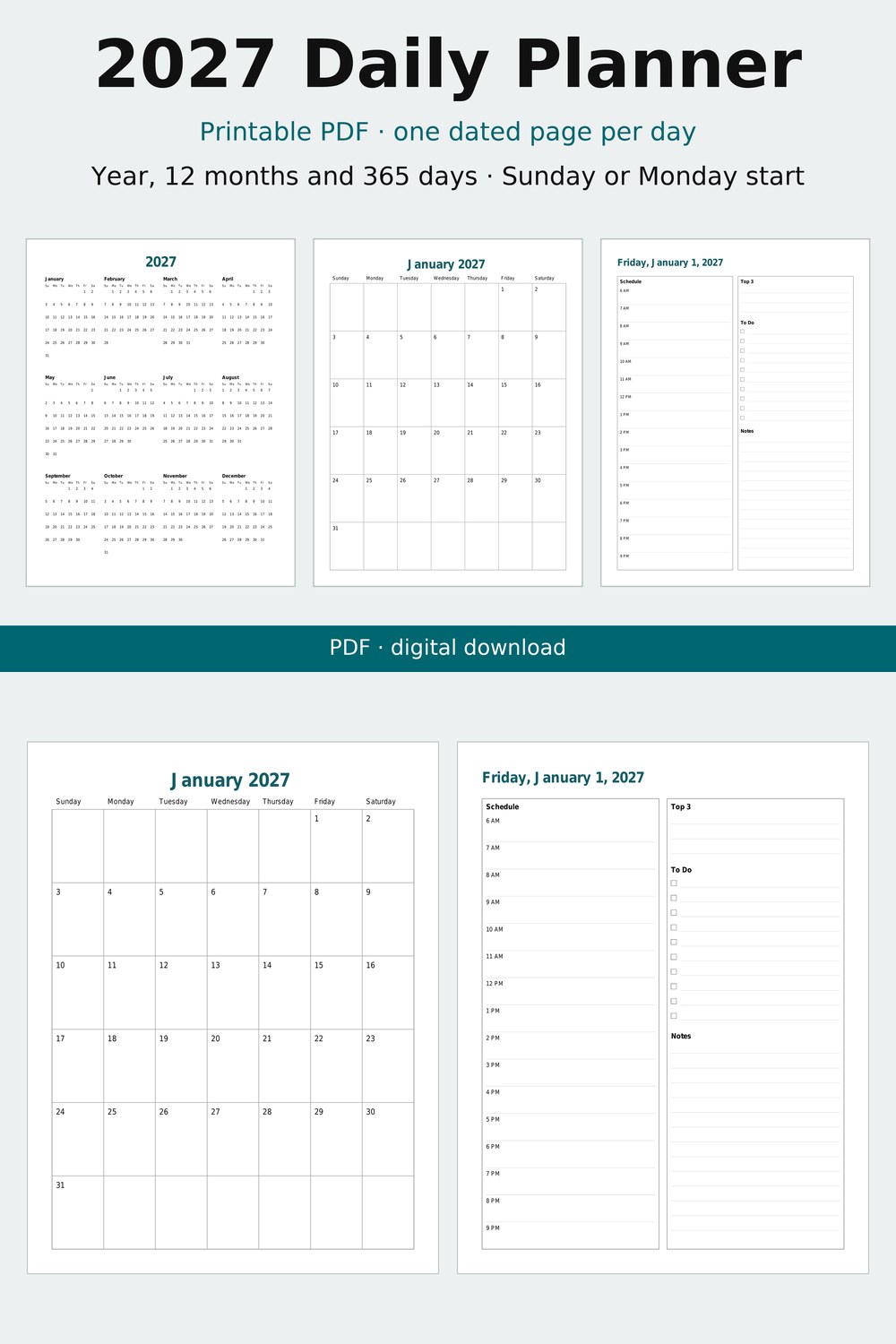 Screenshot 1 of 2027 Daily Planner Printable, Dated Page per Day, Monthly Pages, Letter and A4 PDF