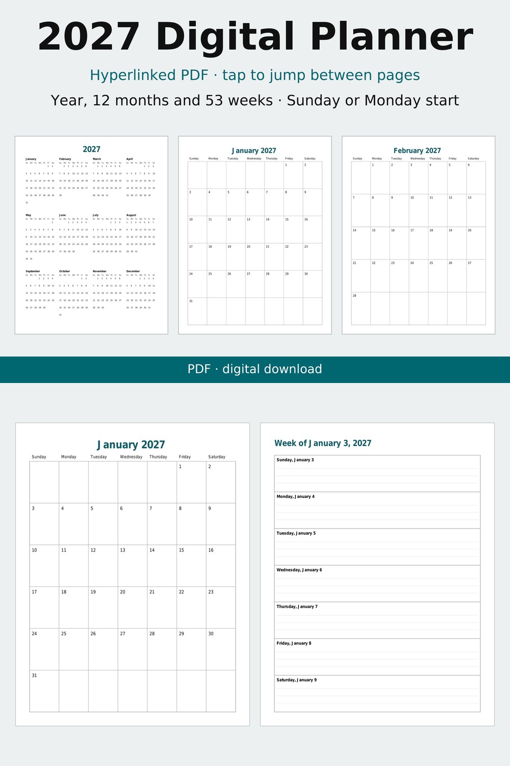Screenshot 1 of 2027 Digital Planner, Hyperlinked PDF, Dated Weekly and Monthly Pages, Sunday or Monday Start