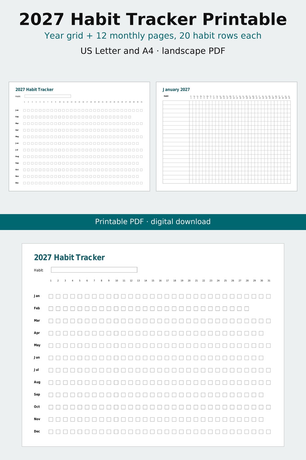 Screenshot 1 of 2027 Habit Tracker Printable, Monthly and Yearly Habit Tracker, Landscape PDF, Letter and A4