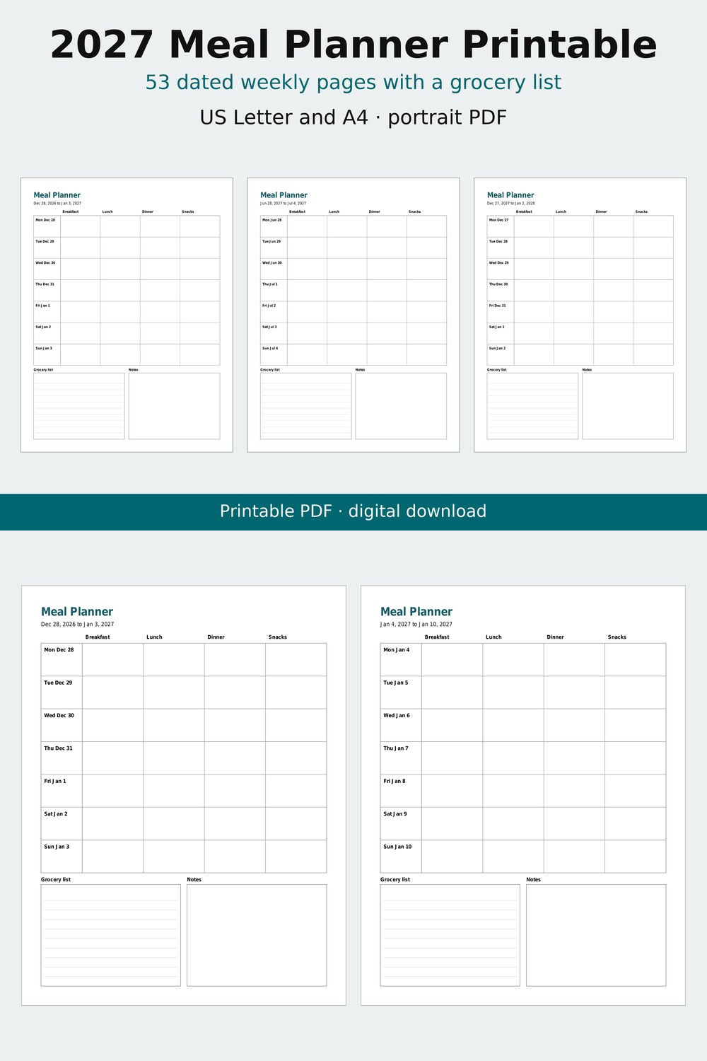 Screenshot 1 of 2027 Meal Planner Printable, Dated Weekly Meal Plan with Grocery List, Letter and A4 PDF