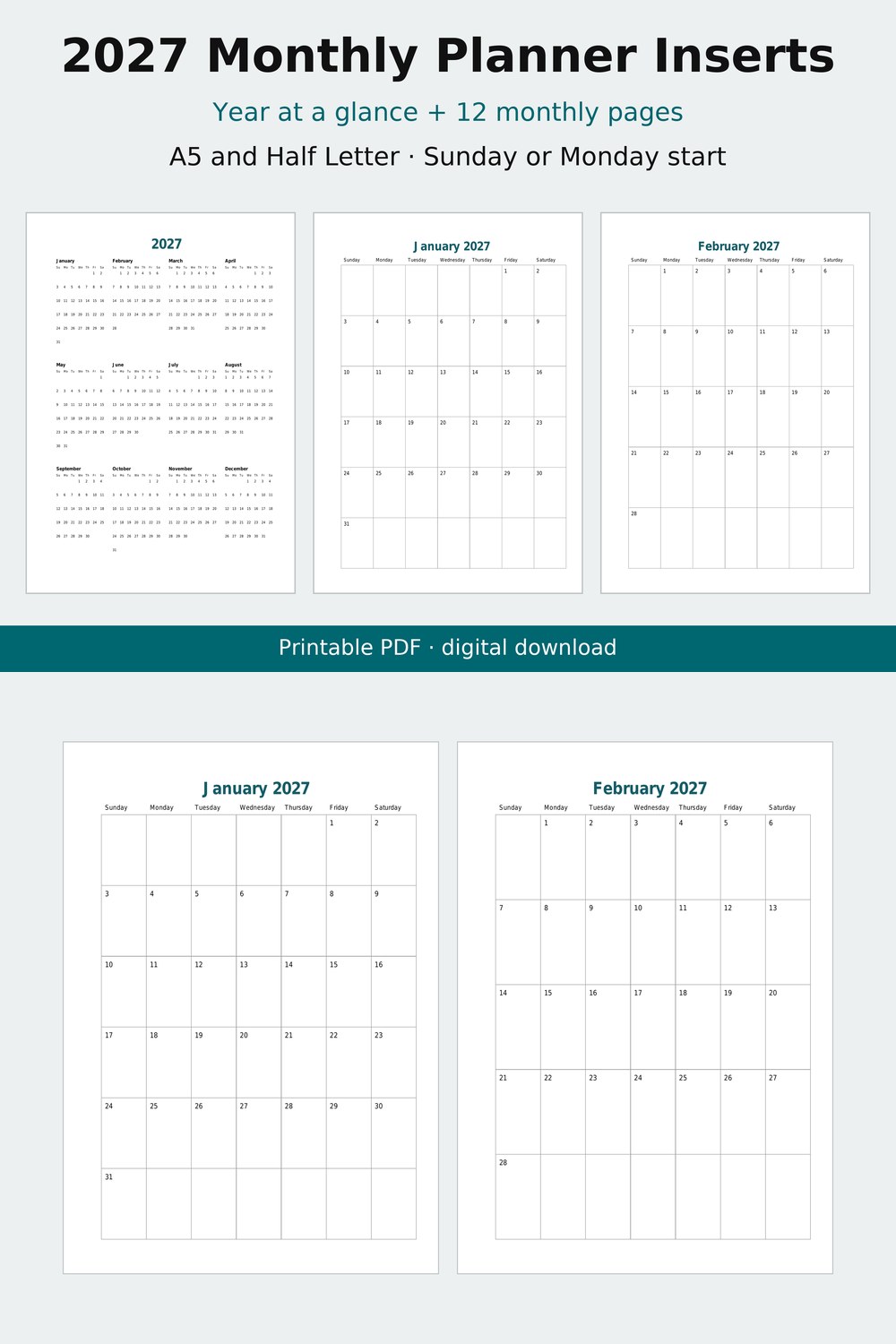 Screenshot 1 of 2027 Monthly Planner Inserts Printable, A5 and Half Letter, Dated Month per Page