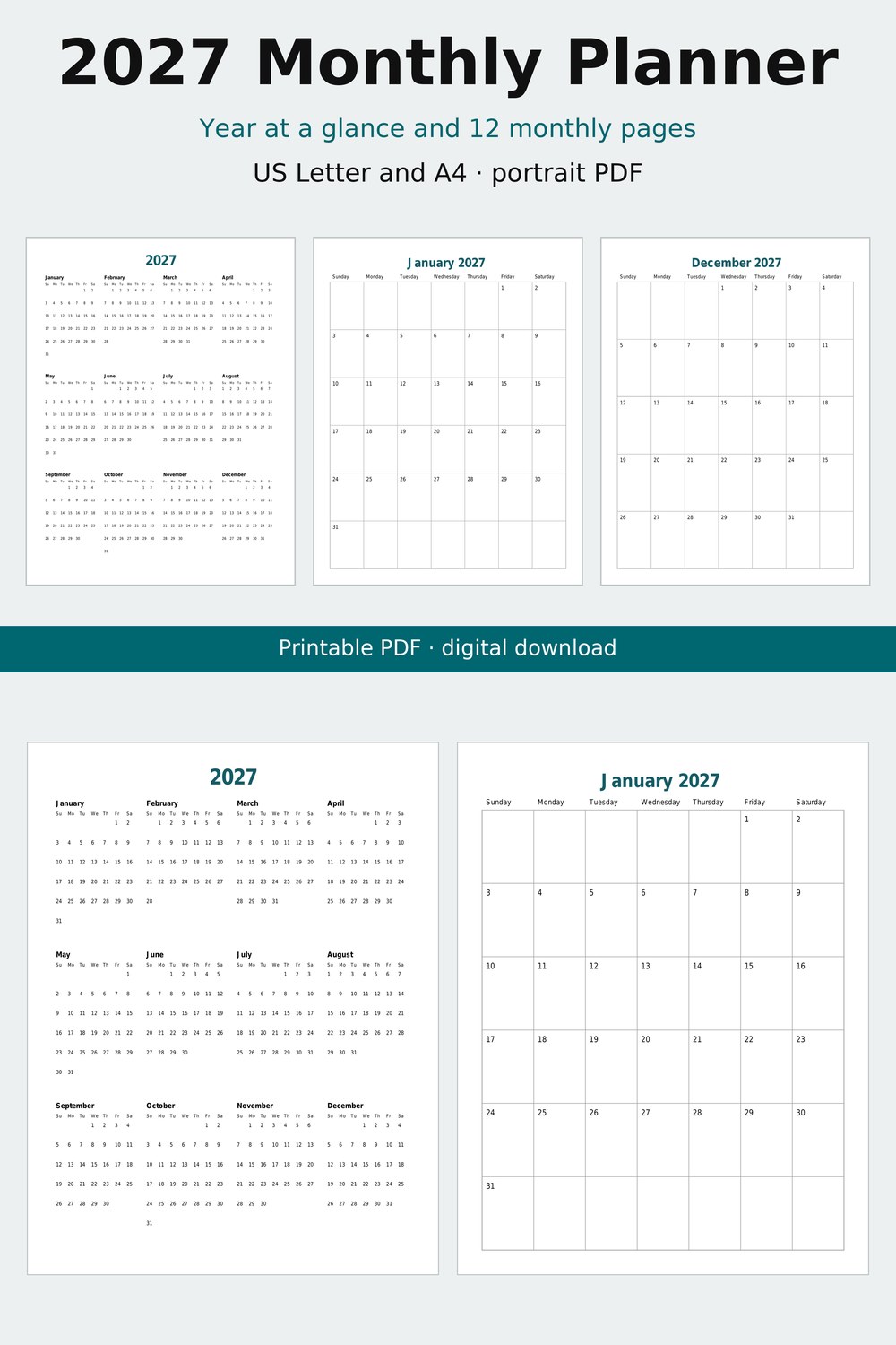 Screenshot 1 of 2027 Monthly Planner Printable, Portrait Month per Page, Year at a Glance, Letter and A4
