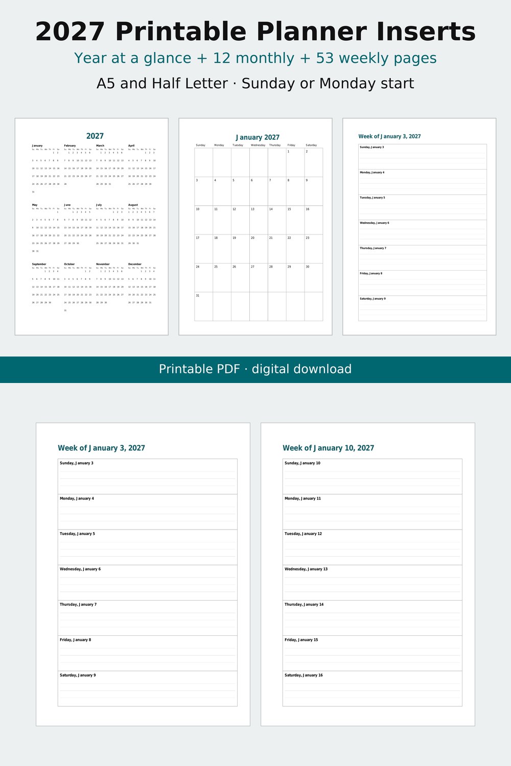 Screenshot 1 of 2027 Planner Inserts Printable, A5 and Half Letter, Dated Week per Page, Monthly Pages