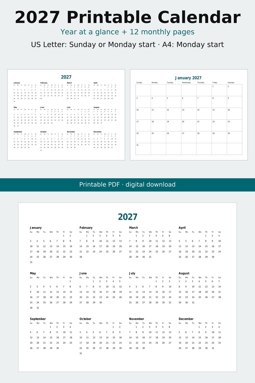 Screenshot 1 of 2027 Printable Calendar, Year at a Glance and 12 Monthly Pages, Landscape PDF, US Letter and A4, Sunday or Monday Start