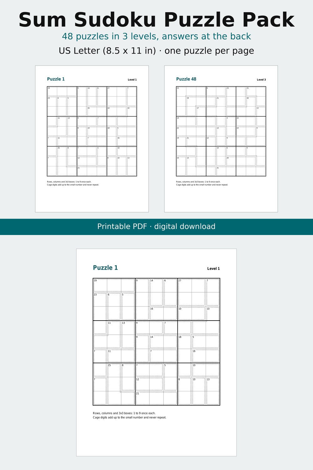 Screenshot 1 of Sum Sudoku Printable Puzzle Pack, 48 Puzzles in 3 Levels with Answers, US Letter PDF
