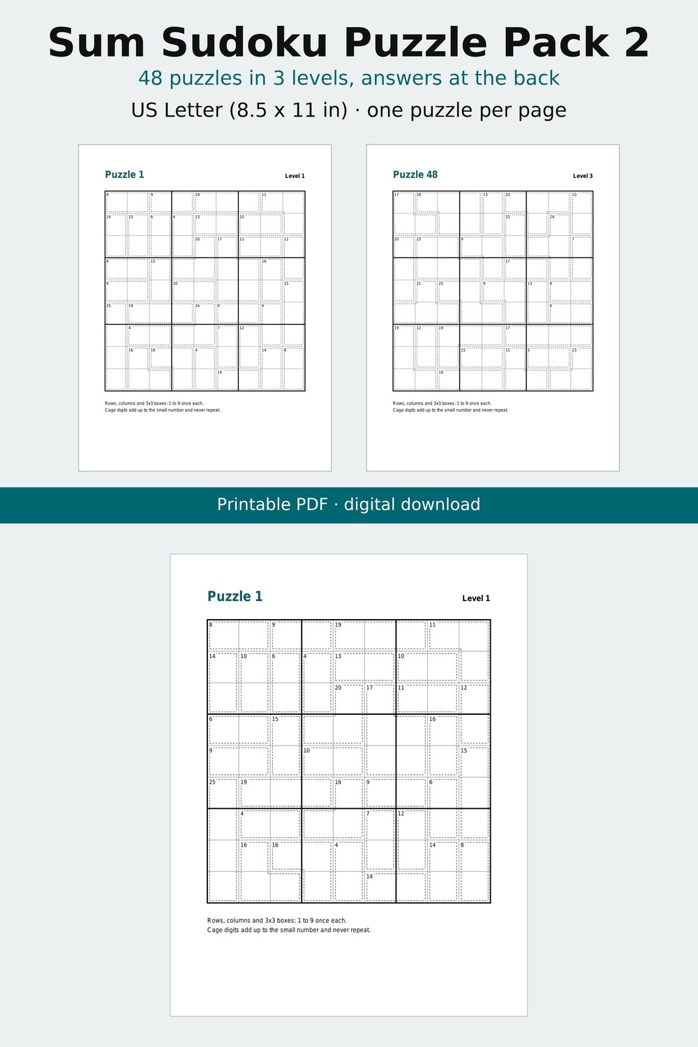 Screenshot 1 of Sum Sudoku Printable Pack 2, 48 Puzzles in 3 Levels with Answers, US Letter PDF