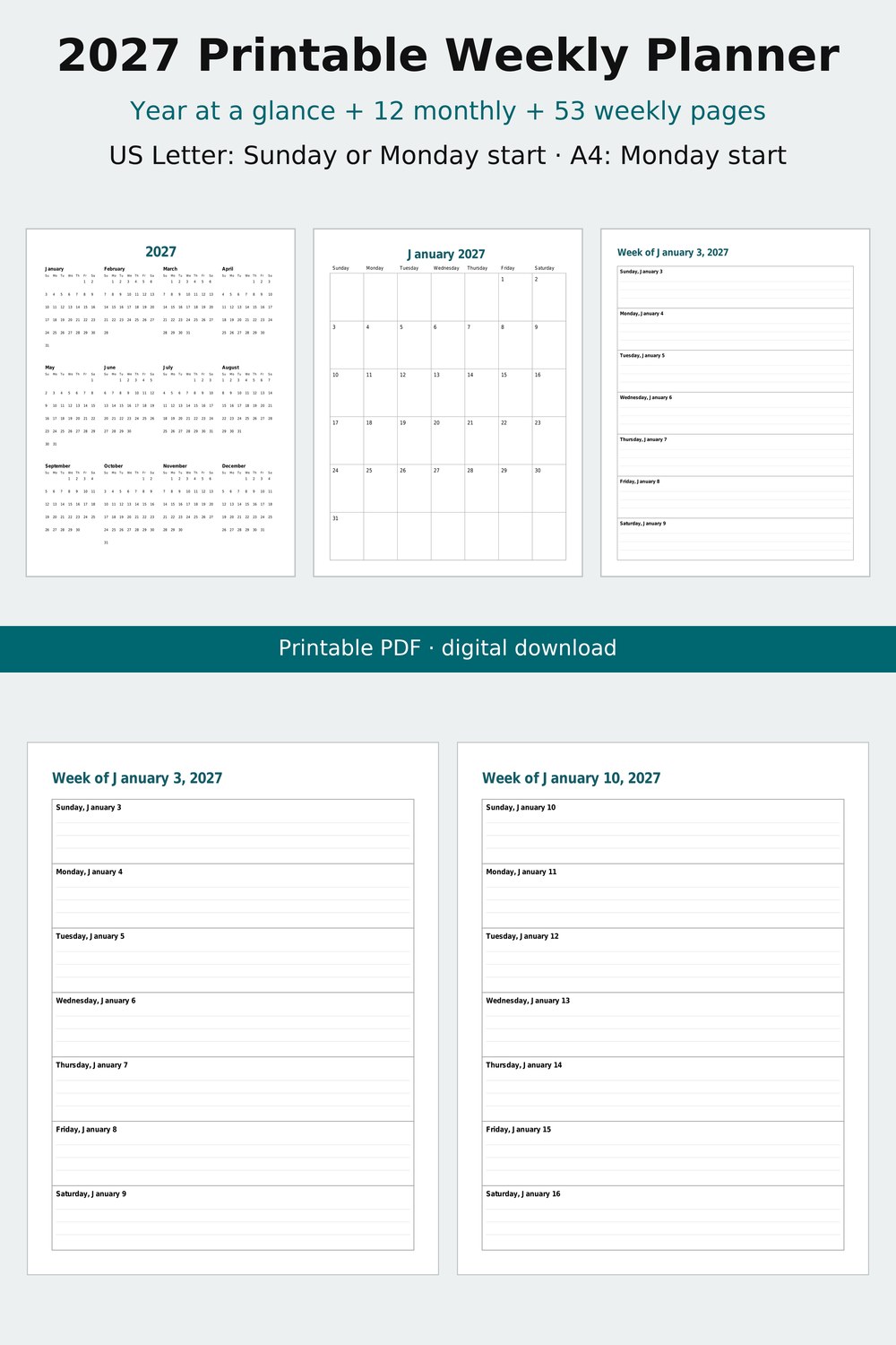 Screenshot 1 of 2027 Weekly Planner Printable, Dated Week per Page, Monthly Calendar, US Letter and A4 PDF